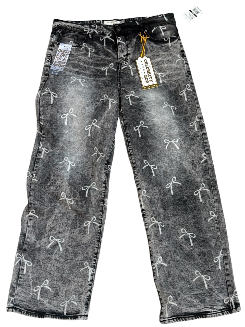 Celebrity Ace Bow Print 90s Straight Leg Jeans Gray Black 15 32 NWT Coquette fun